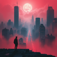 A silhouetted figure stands on an urban rooftop, gazing at a sprawling cityscape shrouded in mist, illuminated by a striking red moon, embodying the complexities of the world.