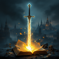 A glowing sword emerges from an open book, surrounded by a dark, mystical landscape, symbolizing the dual power of knowledge as both a weapon for good and evil.