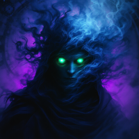 A haunting figure cloaked in shadows, with glowing green eyes, surrounded by swirling wisps of smoke in shades of blue and purple, embodies the notion of time as a thief.