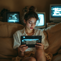 A young woman sits on a couch, intently reading a device, surrounded by vintage monitors displaying text, evoking a sense of contemplation and unanswered questions.