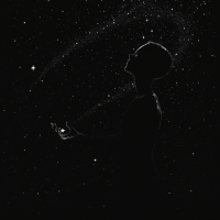 A silhouette of a person gazes upward, surrounded by a starry cosmos, symbolizing the idea that humans are products of chance rather than the pinnacle of creation.