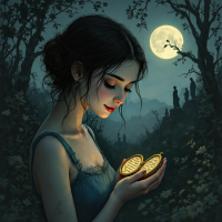 A young woman in a dark forest holds a pair of reflective compacts, gazing thoughtfully as a full moon illuminates the scene, symbolizing the blend of memory and choice in identity.