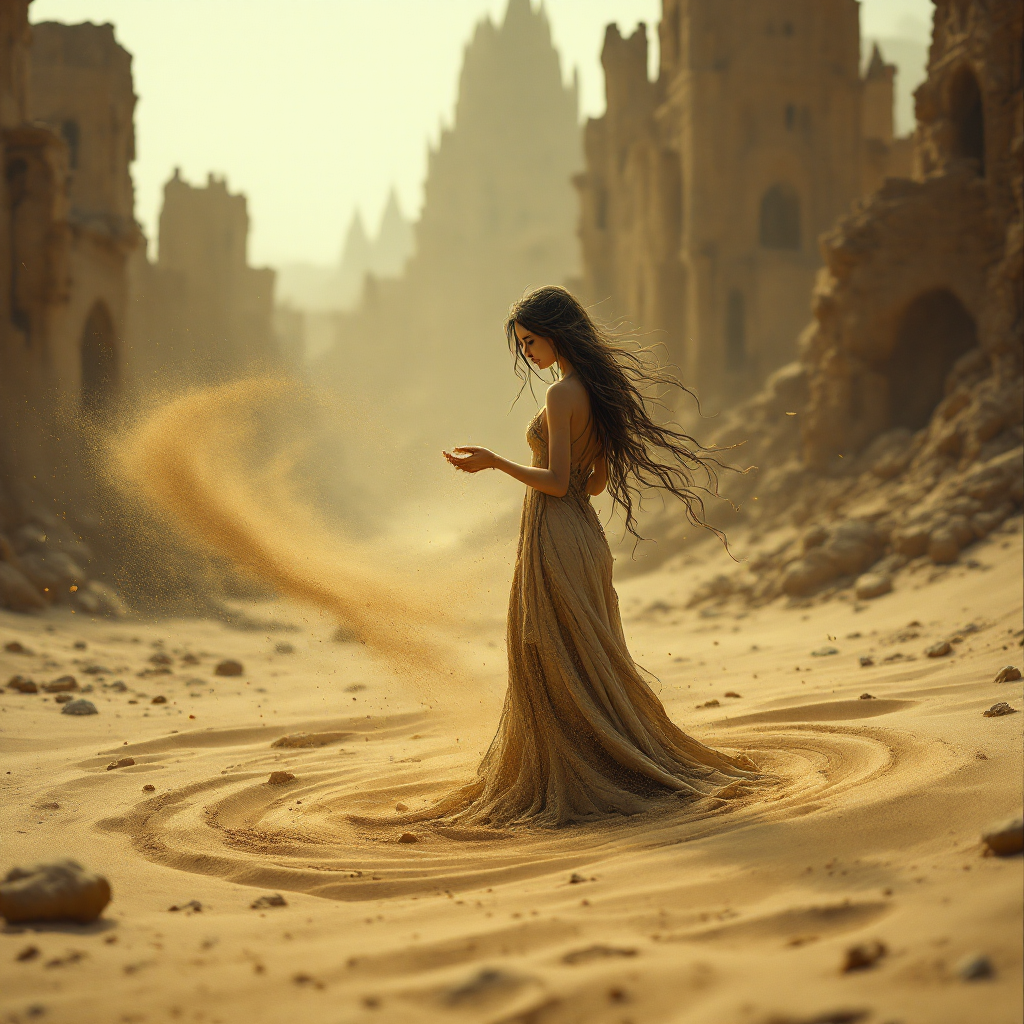 A solitary figure in a flowing gown stands amidst ruins, gently stirring swirling sands, embodying the quote about memory and the remnants of the past as dust and ashes.