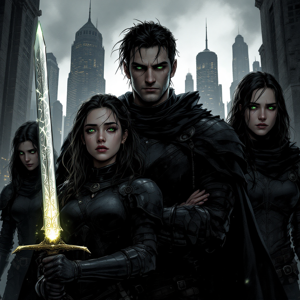 A group of Shadowhunters stands confidently in a dark, urban setting, with glowing green eyes and weapons, embodying bravery and heroism as they face unseen challenges.