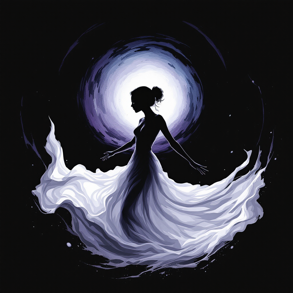 A silhouetted figure in a flowing white gown stands against a dark background, surrounded by a luminous swirl, embodying the idea of losing oneself to find deeper connections.