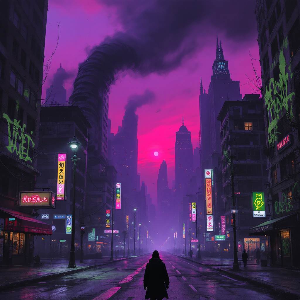 A solitary figure stands in a desolate cityscape, surrounded by towering buildings under a deep pink and purple sky, evoking a sense of reflection on the past and acceptance.