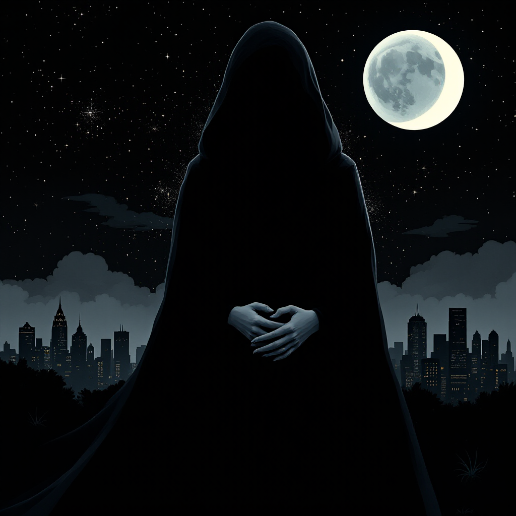 A cloaked figure stands with hands clasped against a city skyline under a starry sky, illuminated by a full moon, evoking a sense of mystery and interpretation.