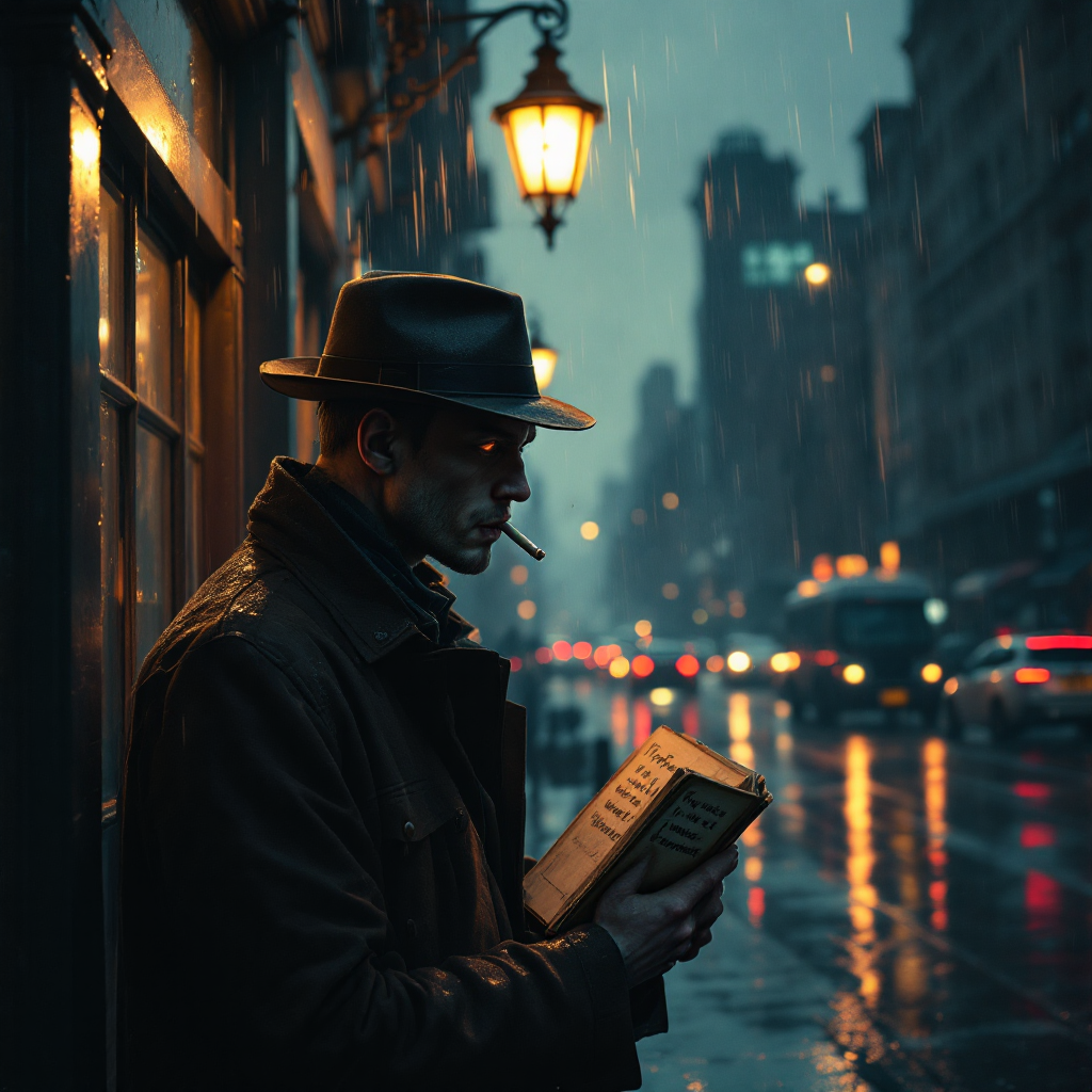 A solitary figure in a fedora stands in the rain, reading a book under a streetlamp, embodying the bittersweet tension of the quote about memory and forgetfulness.