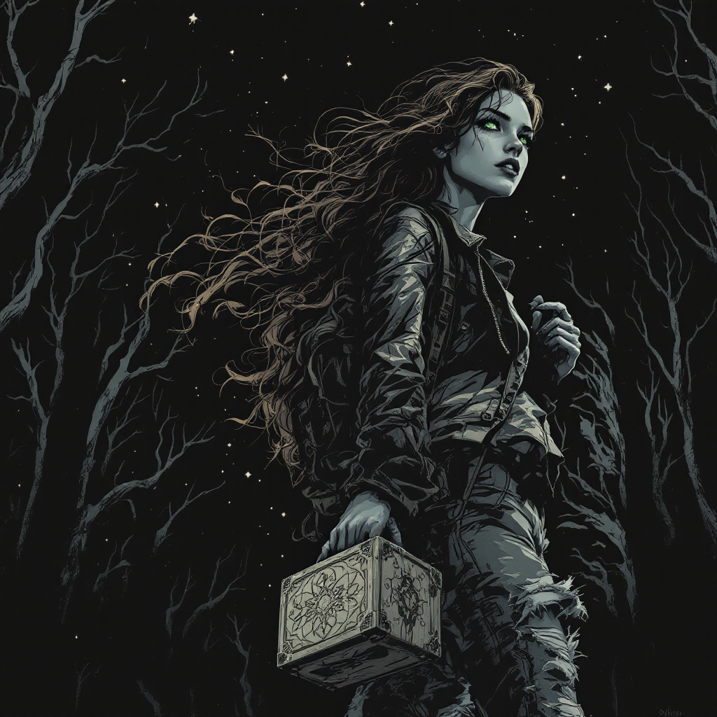 A young woman with long, flowing hair stands confidently in a dark, starry forest, holding a mysterious box, embodying the courage to abandon fear.