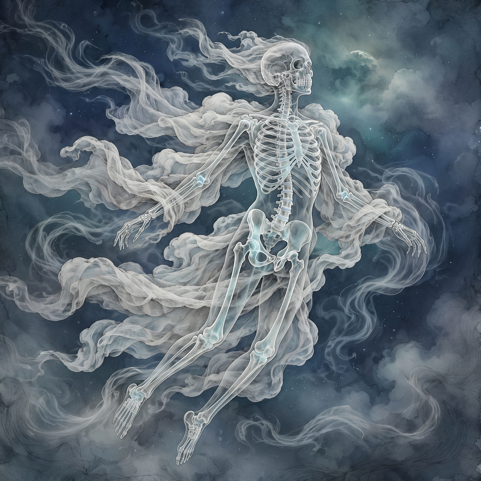 A translucent human skeleton drifts through a stormy sky, wrapped in flowing, cloud-like gauze that streams and swirls around its form.