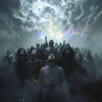 A crowd of figures stands in a foggy landscape, looking up at a turbulent sky filled with swirling clouds and vibrant colors, embodying the shared fear mentioned in the quote.