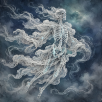 A translucent human skeleton drifts through a stormy sky, wrapped in flowing, cloud-like gauze that streams and swirls around its form.