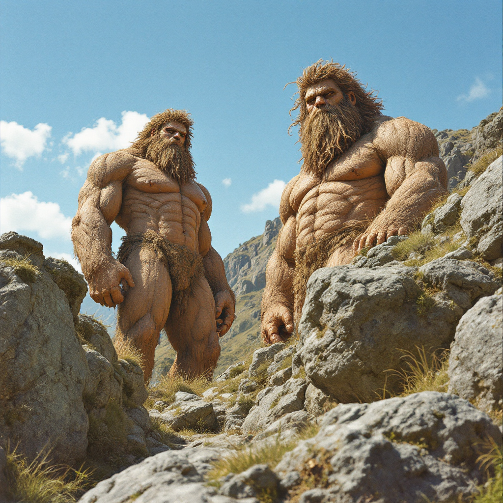 Two imposing giants stand on rocky terrain, showcasing muscular physiques and thick hair, embodying the ancient and stubborn nature of the Grand Many who seldom welcome outsiders.