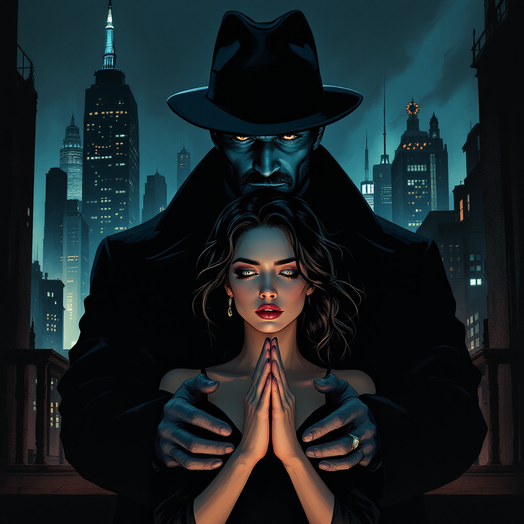 A dark, atmospheric scene features a man in a fedora and trench coat standing behind a woman, embodying the tension of power and understanding in a cityscape backdrop.