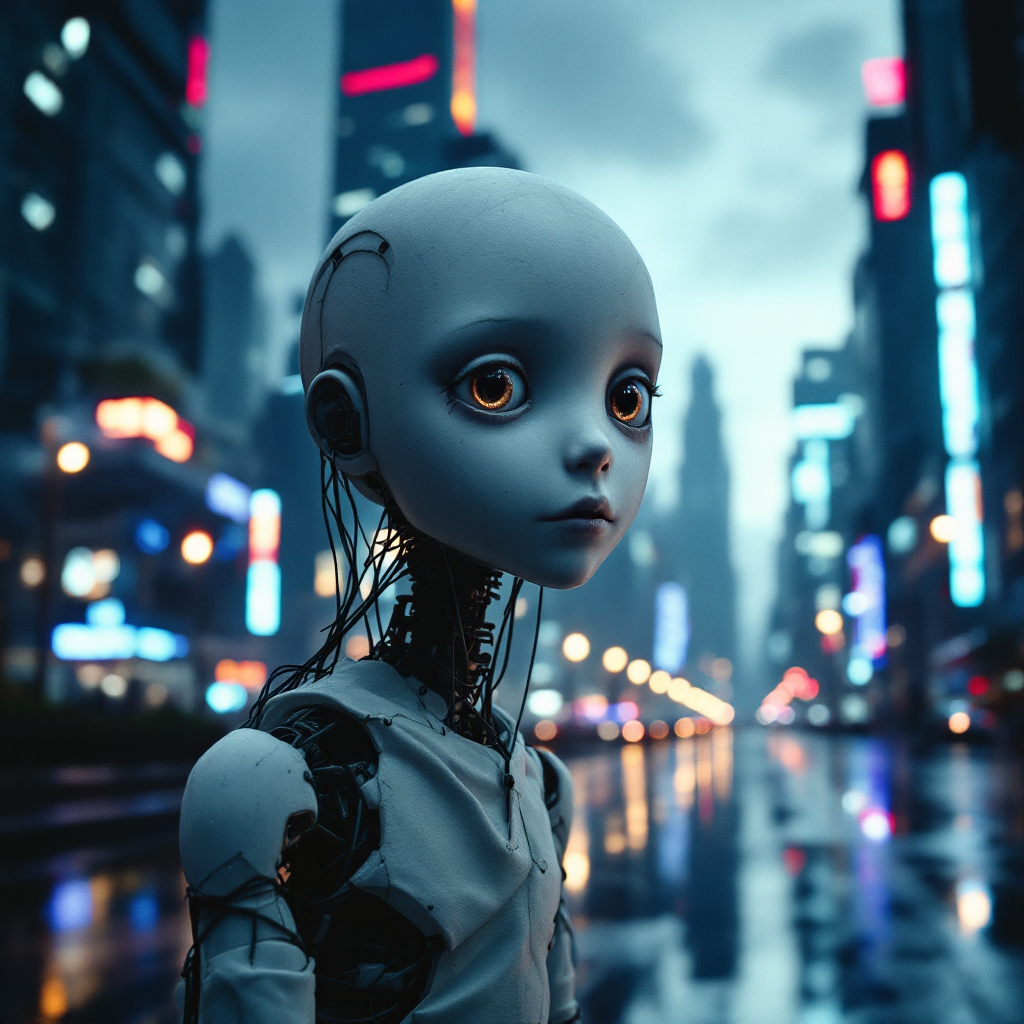 A robotic figure stands in a rain-soaked cityscape, gazing thoughtfully amidst neon lights, embodying the quote about awareness of one's puppeteering strings.