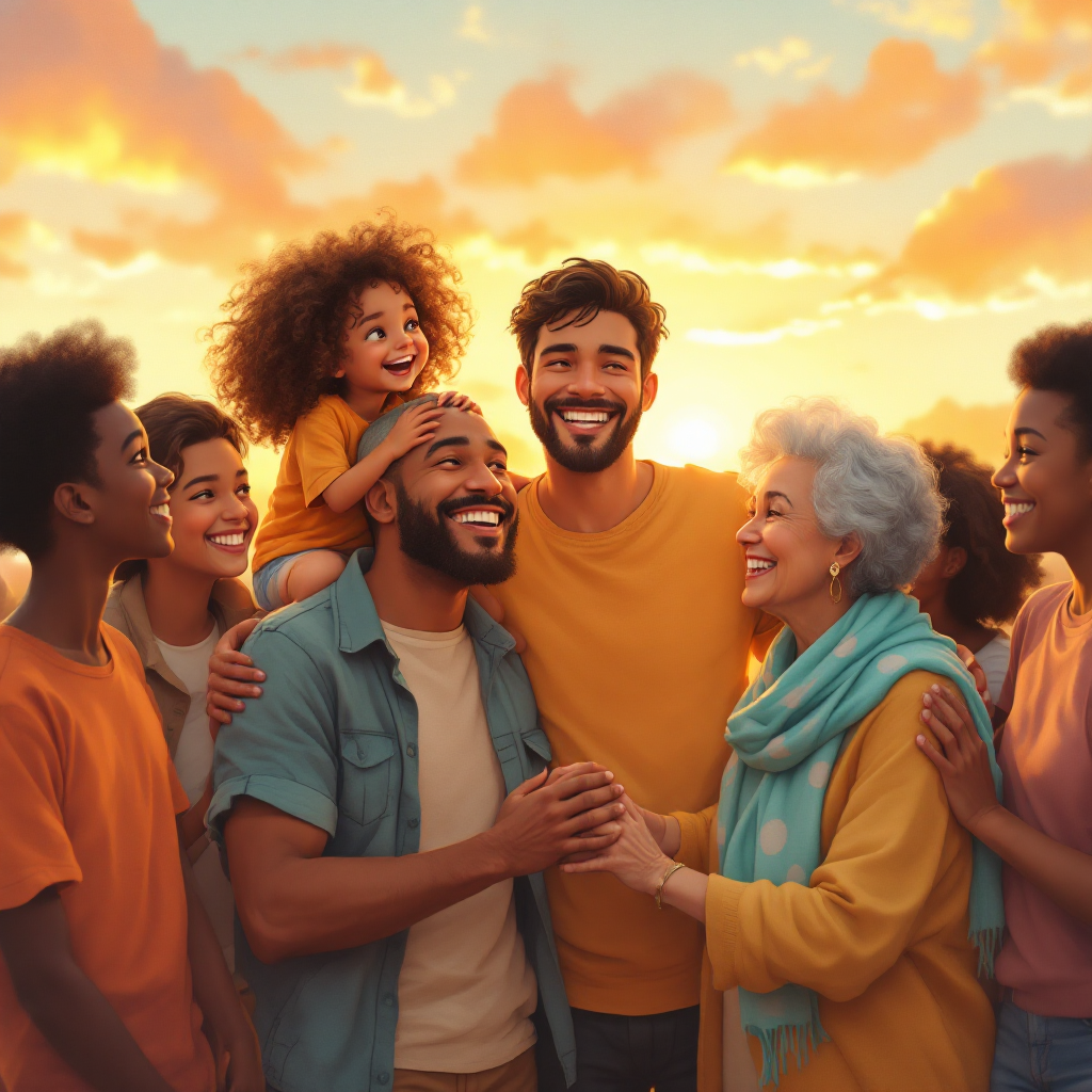 A diverse group of smiling individuals stands together against a vibrant sunset, embodying the quote, “Family isn’t just blood. It’s who you choose to stand by,” celebrating chosen bonds.