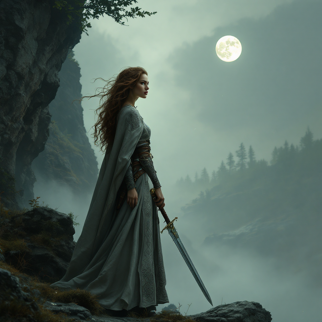 A woman in a flowing gray cloak stands on a rocky cliff, sword in hand, gazing at a full moon above misty mountains, embodying courage to step into the unknown.