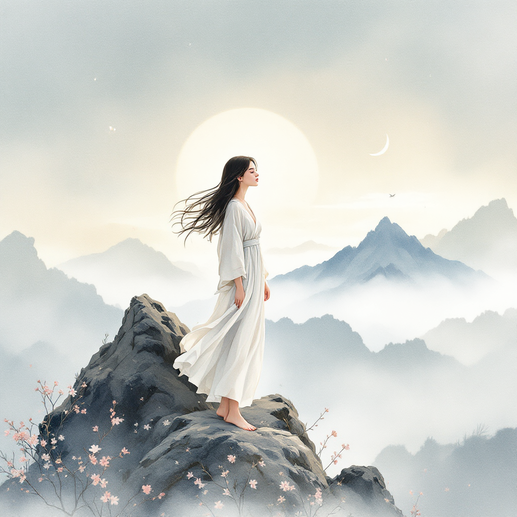 A serene figure in a flowing white dress stands atop a rocky peak, surrounded by misty mountains and blossoming flowers, embodying self-reflection and the pursuit of happiness.