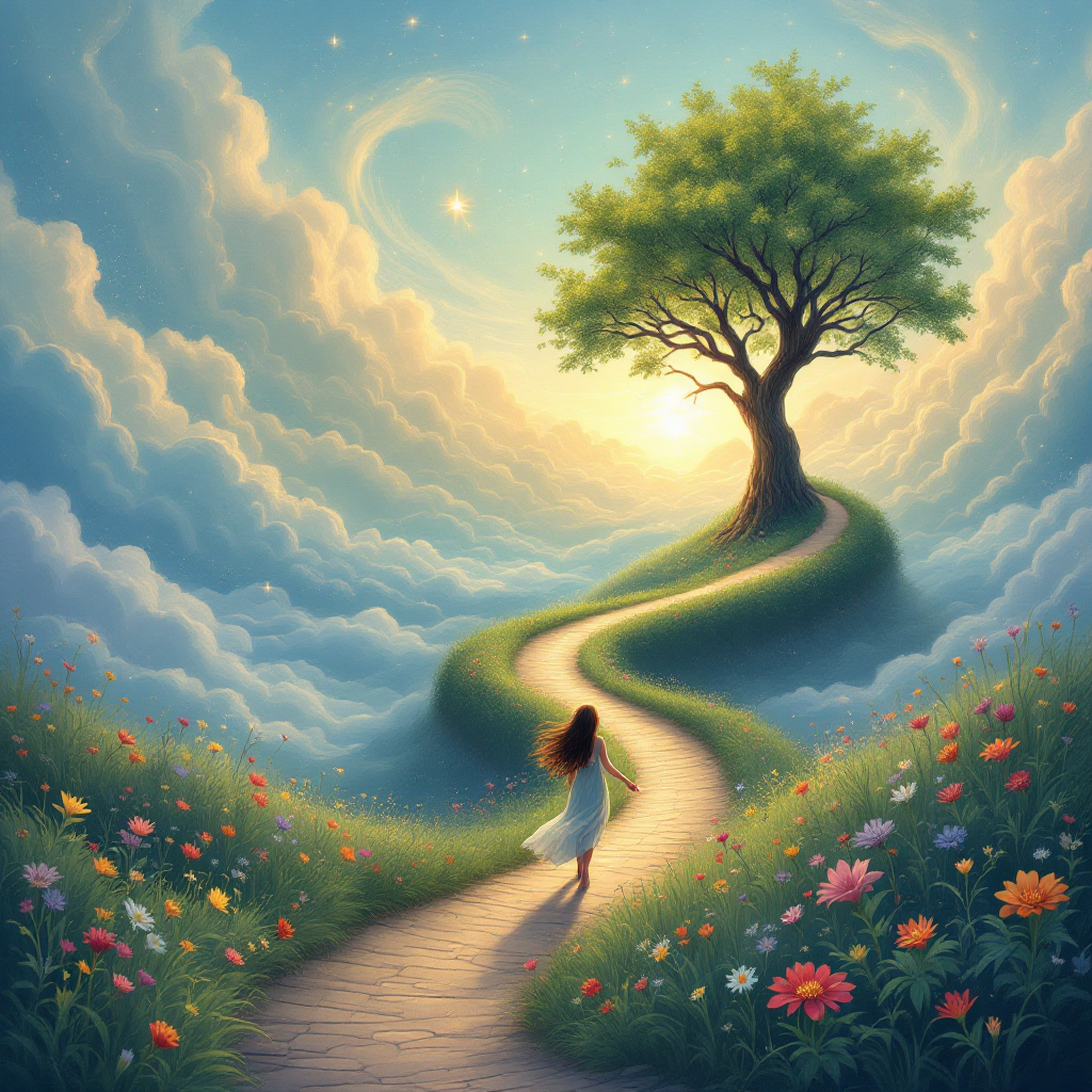 A winding pathway leads through vibrant flowers towards a majestic tree under a cloudy sky, symbolizing the non-linear journey of healing amidst ups and downs.