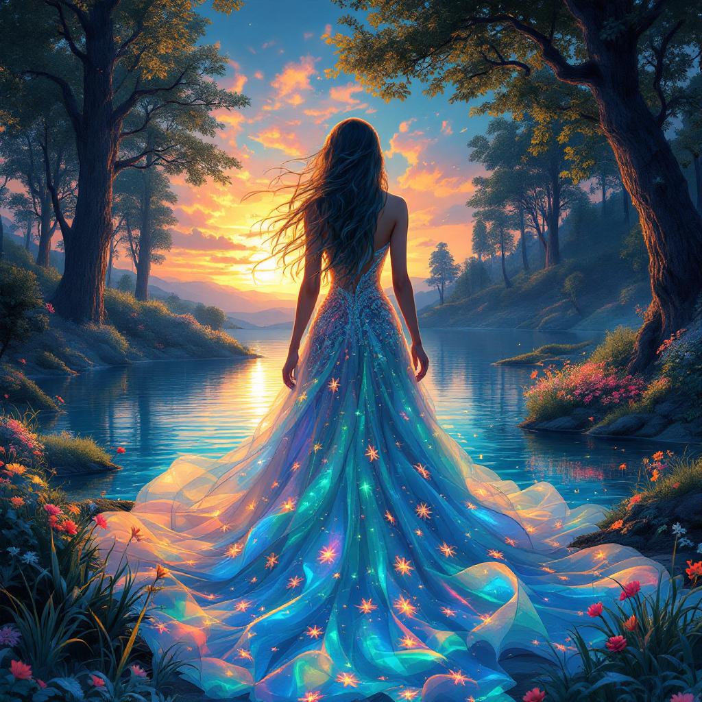 A silhouette of a woman in a sparkling blue gown stands by a serene lake, gazing at a vibrant sunset, embodying the quote about being the author of one's own story.