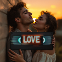 A couple embraces against a sunset backdrop, sharing a moment of intimacy. They hold a sign reading LOVE, reflecting the importance of cherishing deep connections.