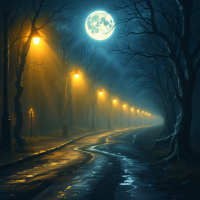 A moonlit path lined with shadowy trees and glowing streetlights creates an eerie atmosphere, echoing the quote, The night is dark, and the shadows are alive.