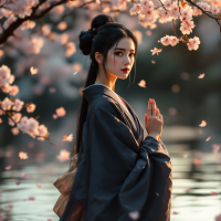 A serene young woman in a dark kimono stands by a tranquil body of water, surrounded by blooming cherry blossoms, embodying the spirit of bravery and reflection.