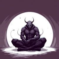 A muscular figure with a horned skull sits cross-legged against a glowing moon, embodying the themes of consent and power dynamics in healthy BDSM relationships, particularly in Femdom.