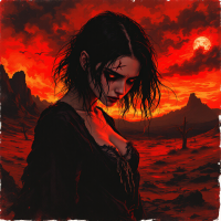 A somber figure stands against a fiery, apocalyptic landscape, embodying resilience and strength born from deep pain, as shadows and vibrant reds converge in the dramatic twilight.