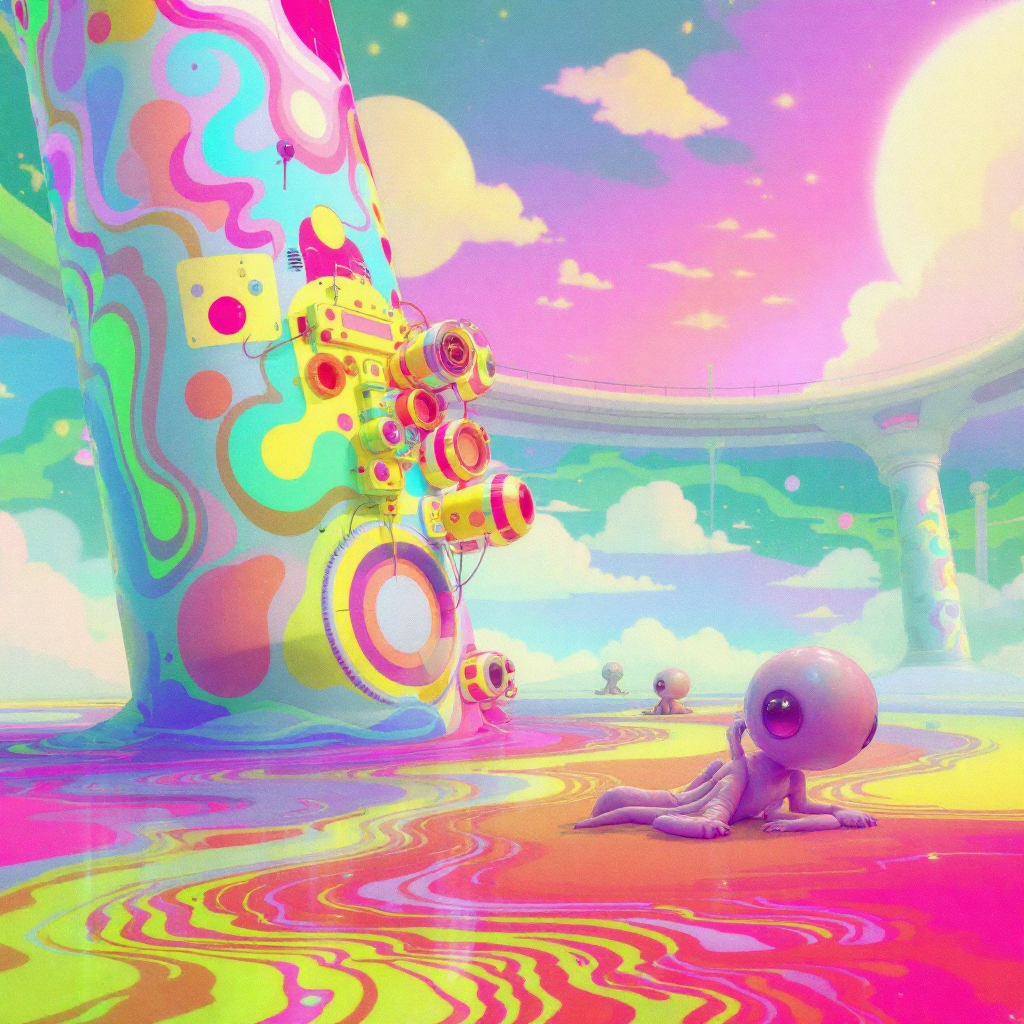 A vibrant, colorful scene depicts a surreal environment with a large, psychedelic structure and a worm-shaped alien lounging on a slope, reminiscent of a submerged ship's bridge.