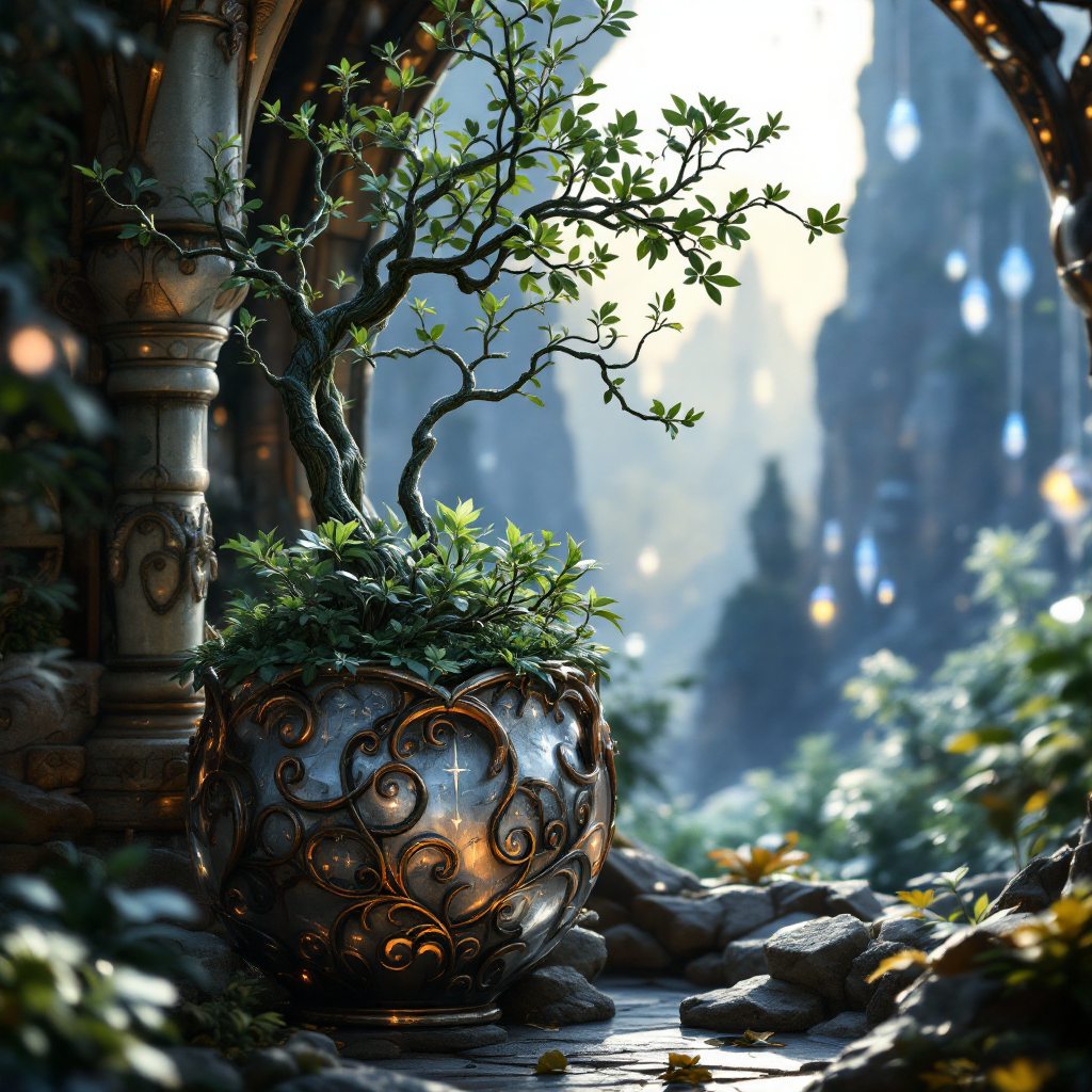 A shoulder-high worldtree sapling in an ornate planter, surrounded by lush greenery and cascading rocks, evokes a mystical atmosphere in a vibrant forest setting.