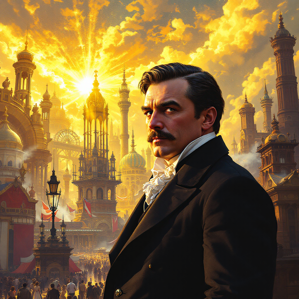 A man in formal attire stands confidently in front of a grand fair, with intricate architecture and a glowing sunset in the background, embodying ambition and the pursuit of a lasting legacy.