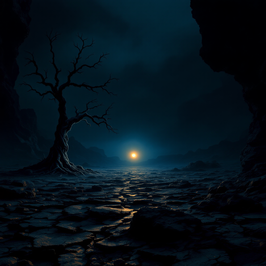 A desolate landscape under a dark sky, featuring a gnarled tree silhouetted against a faint glow on the horizon, embodying the quote, In the end, only the darkness will remain.