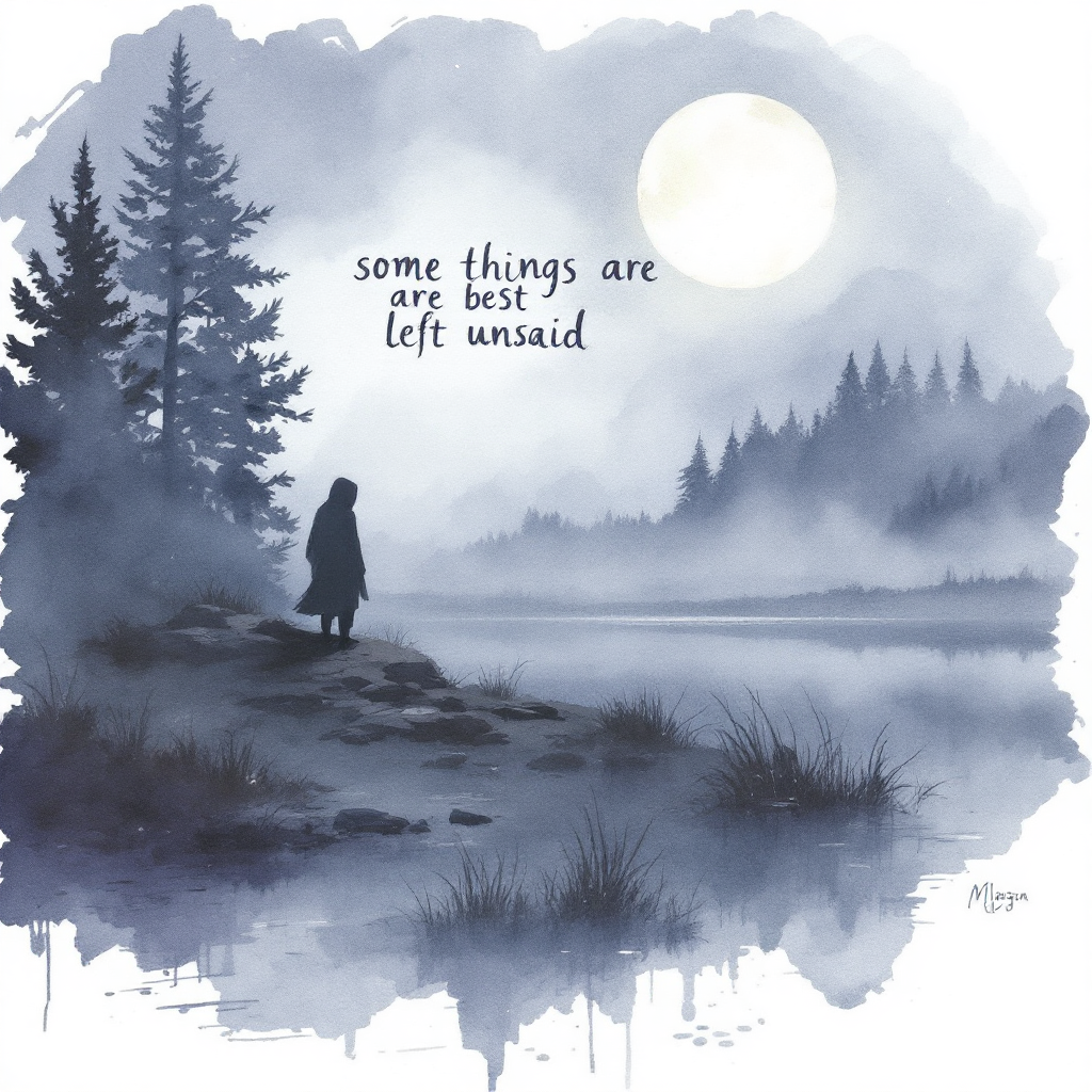 A misty landscape features a silhouetted figure by a tranquil waterway under a full moon, with the quote some things are best left unsaid artistically integrated.