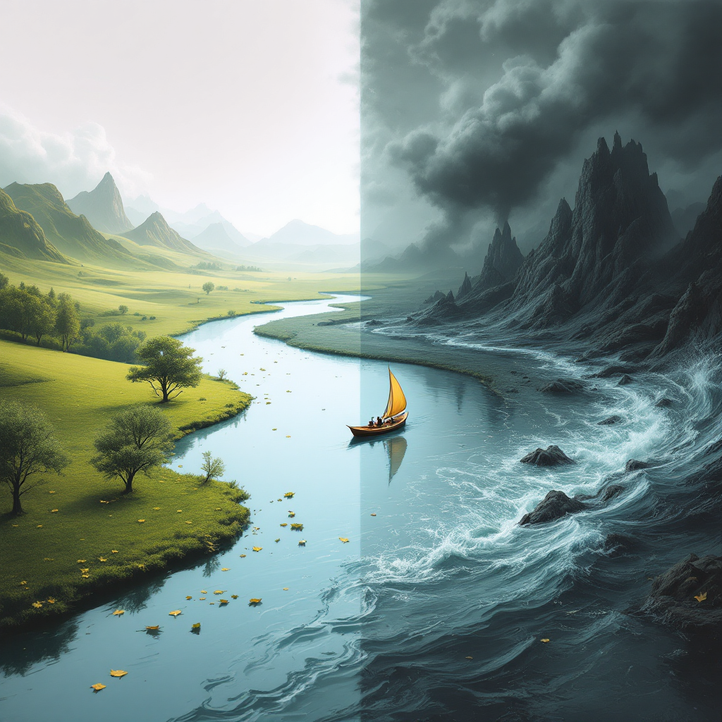 A split landscape features a serene river curving through lush green hills on one side and a dark, turbulent river between jagged mountains on the other, embodying the concept of life's unpredictable journey.