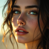 A close-up portrait of a young woman with freckled skin, striking green eyes, and tousled dark hair, illuminated by warm sunlight, embodying individuality and the pursuit of originality.