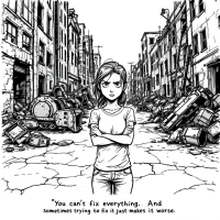 A girl stands with crossed arms in a devastated urban landscape, surrounded by rubble and machinery, conveying the quote: You can’t fix everything. And sometimes trying to fix it just makes it worse.