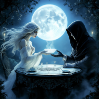 A ghostly figure in a hooded cloak serves a shimmering dish to a pale, ethereal woman under a full moon, embodying the quote, Revenge is a dish best served cold.