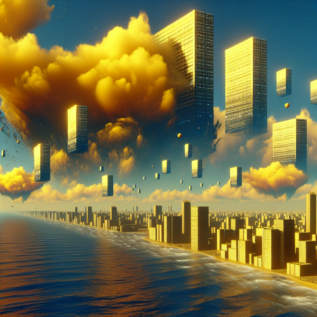 Several enormous yellow, slab-like structures as large as office blocks race through the ionosphere, tearing the sky apart with their monstrous presence above a shimmering city near the ocean.