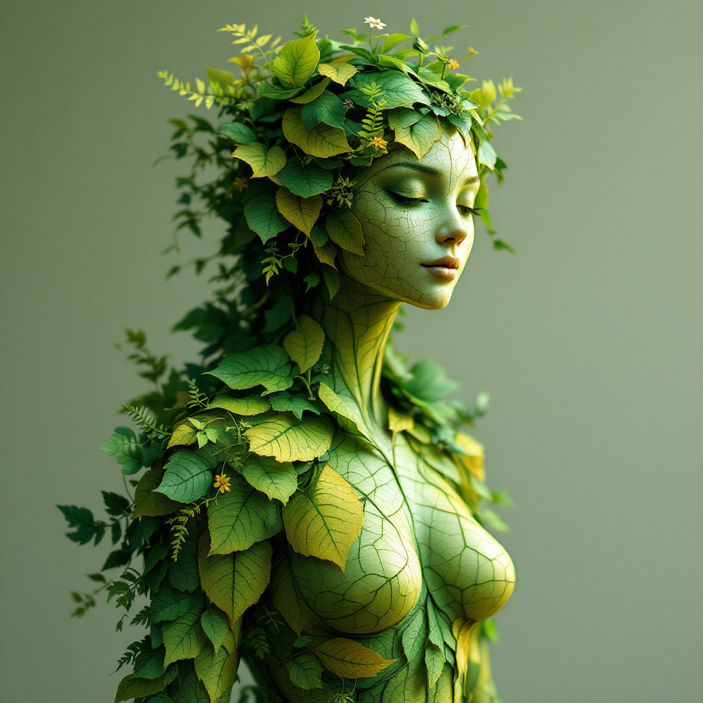 A serene, green-skinned female figure adorned with leaves and plants embodies self-reliance, reflecting the quote, I am no longer my sister’s keeper; I am my own.