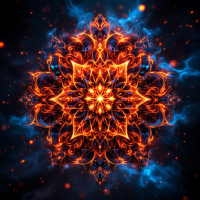 A vibrant, fractal-inspired design glows with pulsating red and orange hues against a dark, smoky blue background, reminiscent of an emperor's seal adorned with live embers.