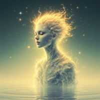 A luminous, ethereal figure with flowing hair made of light stands in serene water, embodying the tension between mind and body, reflecting inner resistance and harmony.