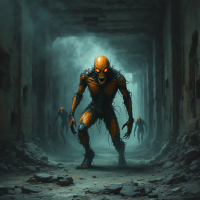 A dimly lit corridor reveals towering, monstrous figures with glowing orange eyes and twisted features, embodying the transformation of humans into monsters in a bleak, inhuman environment.