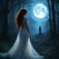 A woman in a flowing white gown stands in a moonlit forest, her back turned. A shadowy figure looms in the distance, embodying longing and desire in response to the quote about love.