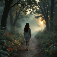 A woman walks down a misty path through a forest at sunrise, surrounded by vibrant flowers, embodying the journey of understanding one’s past.