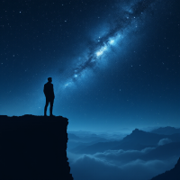 A silhouetted figure stands on a cliff, gazing up at a starry sky filled with a vibrant galaxy, evoking the contemplation of night as expressed in the quote.