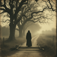 A solitary figure in a dark cloak stands on a weathered path, flanked by gnarled trees, enveloped in mist, evoking the idea that the past lingers just beyond reach.