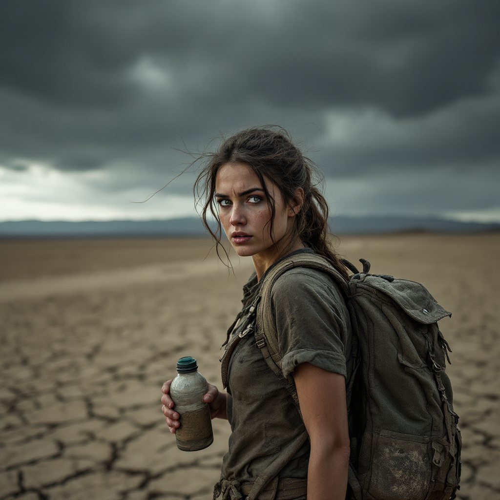 A determined young woman stands on cracked earth, holding a water bottle and gazing intently towards the horizon, embodying the urgency of survival amidst dark, looming clouds.