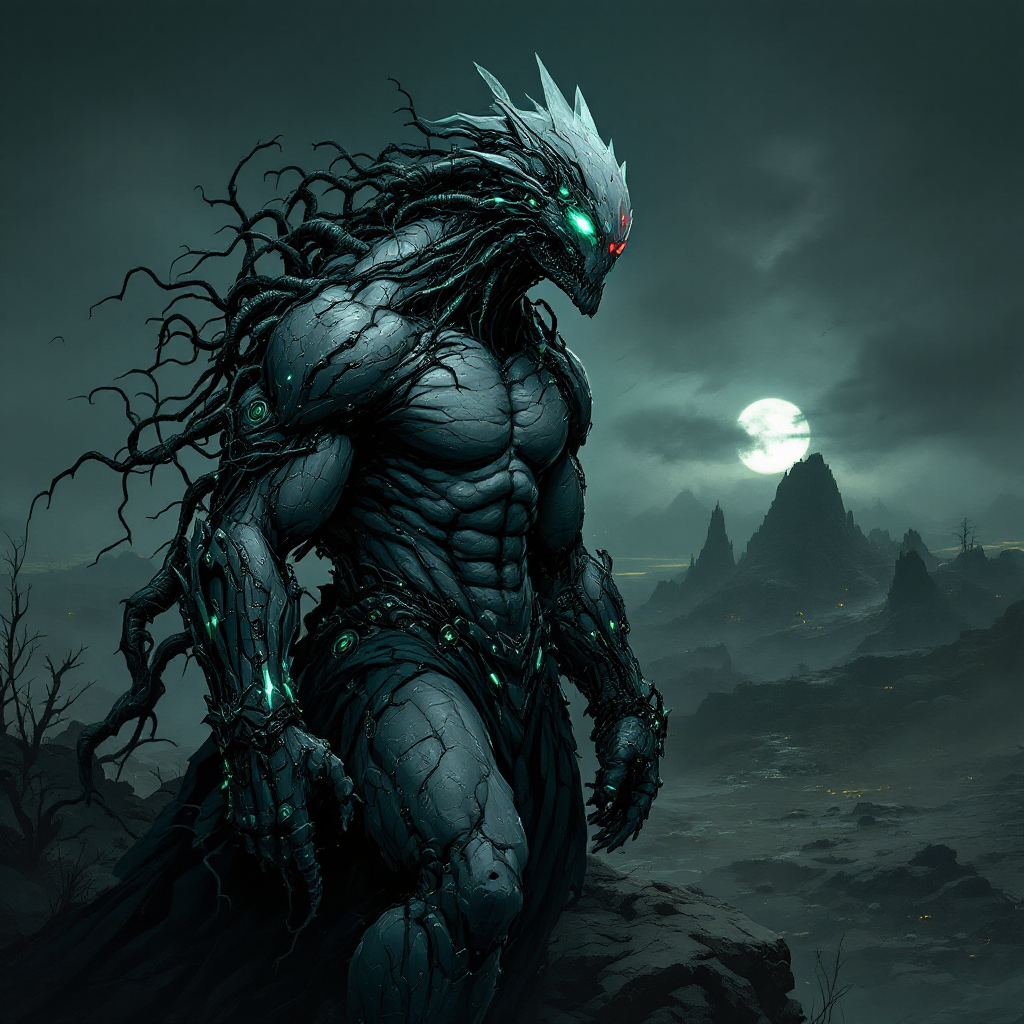 A muscular, warrior-like figure stands against a dark, moody landscape, adorned with glowing elements and eerie foliage, evoking the essence of strength and resilience.