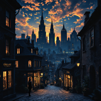 A dimly lit street lined with quaint buildings leads to a distant city skyline, where towering spires break against a vibrant, twilight sky, evoking the quote about cities and stories.